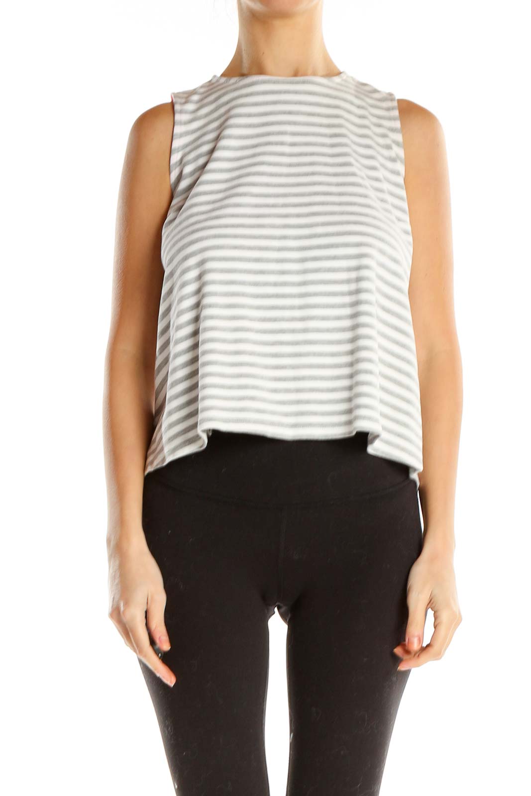 White Gray Striped Casual Top Front