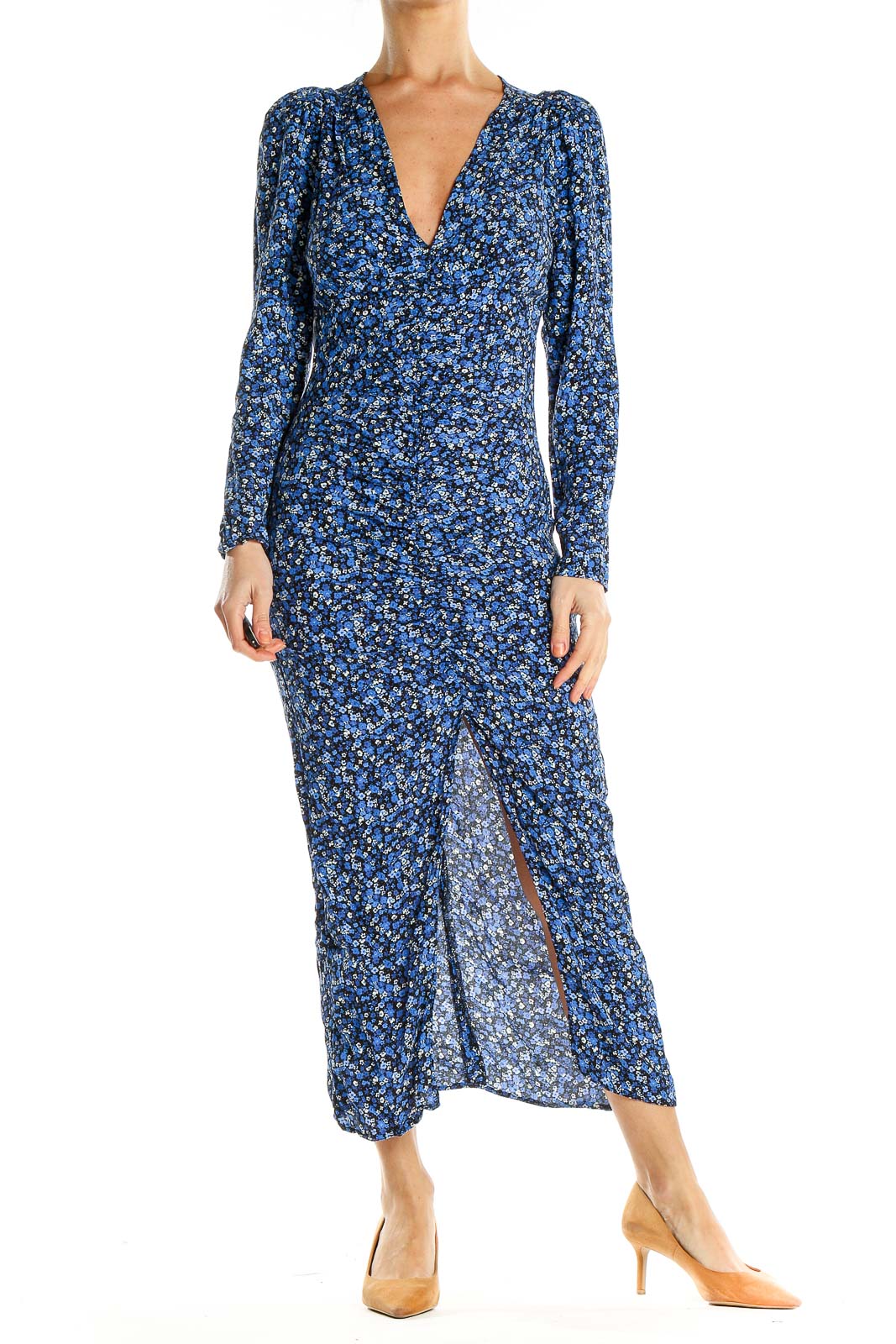Blue Floral Print Maxi Dress With Slit Front
