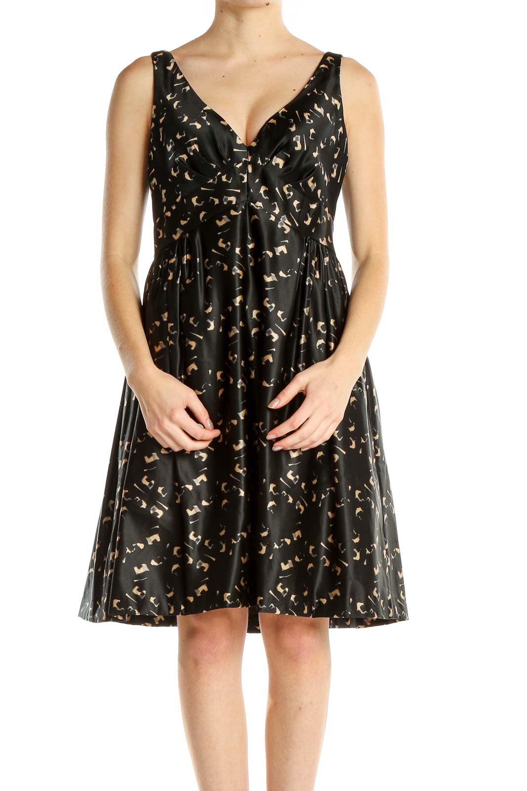 Black Printed Retro Fit & Flare Dress Front