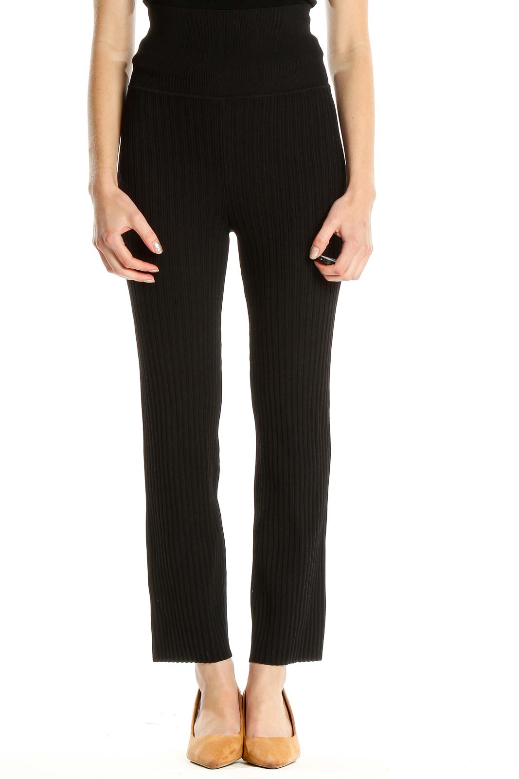 Black Ribbed Classic Pants Front
