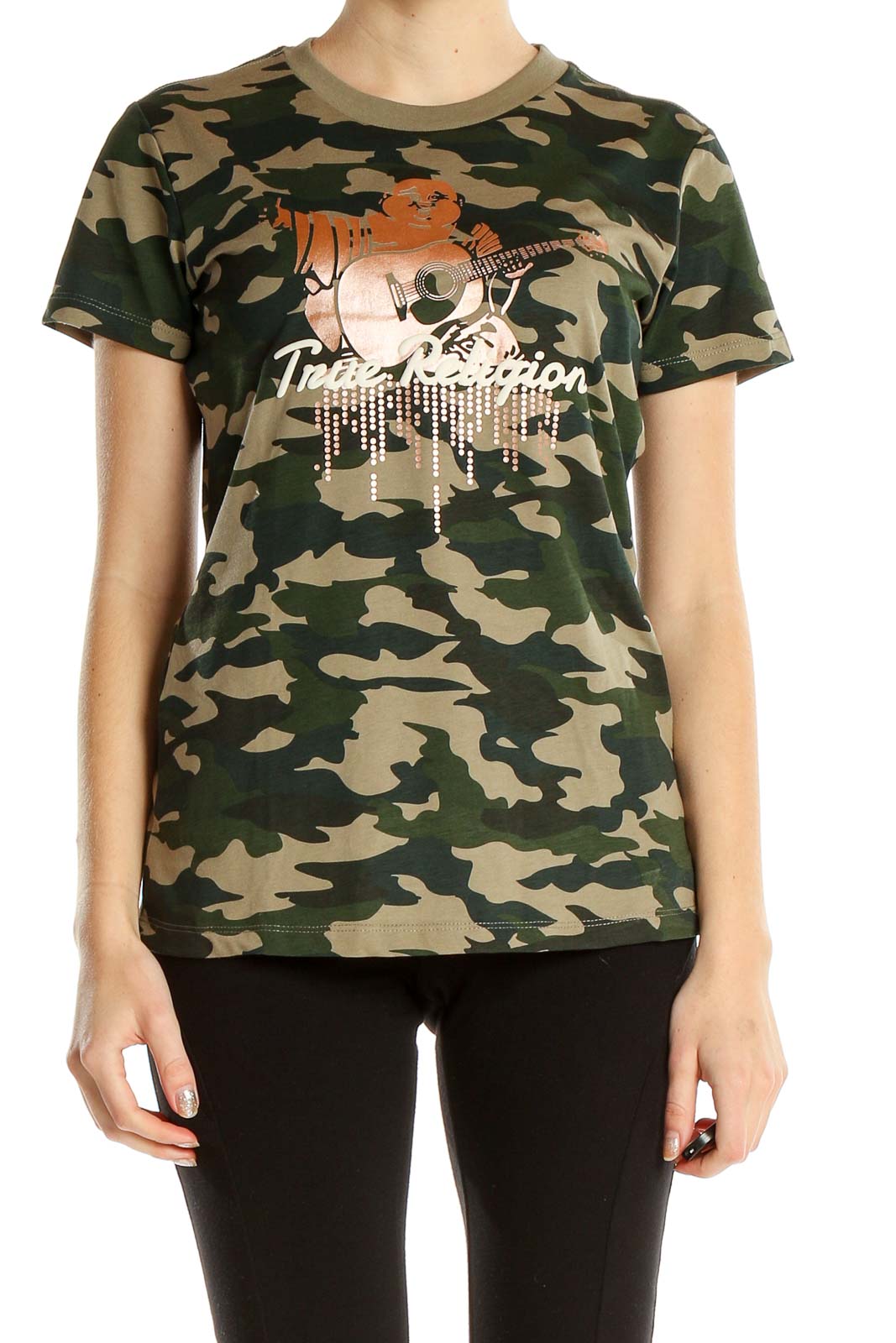 Green Camouflage Print Casual T-Shirt Front