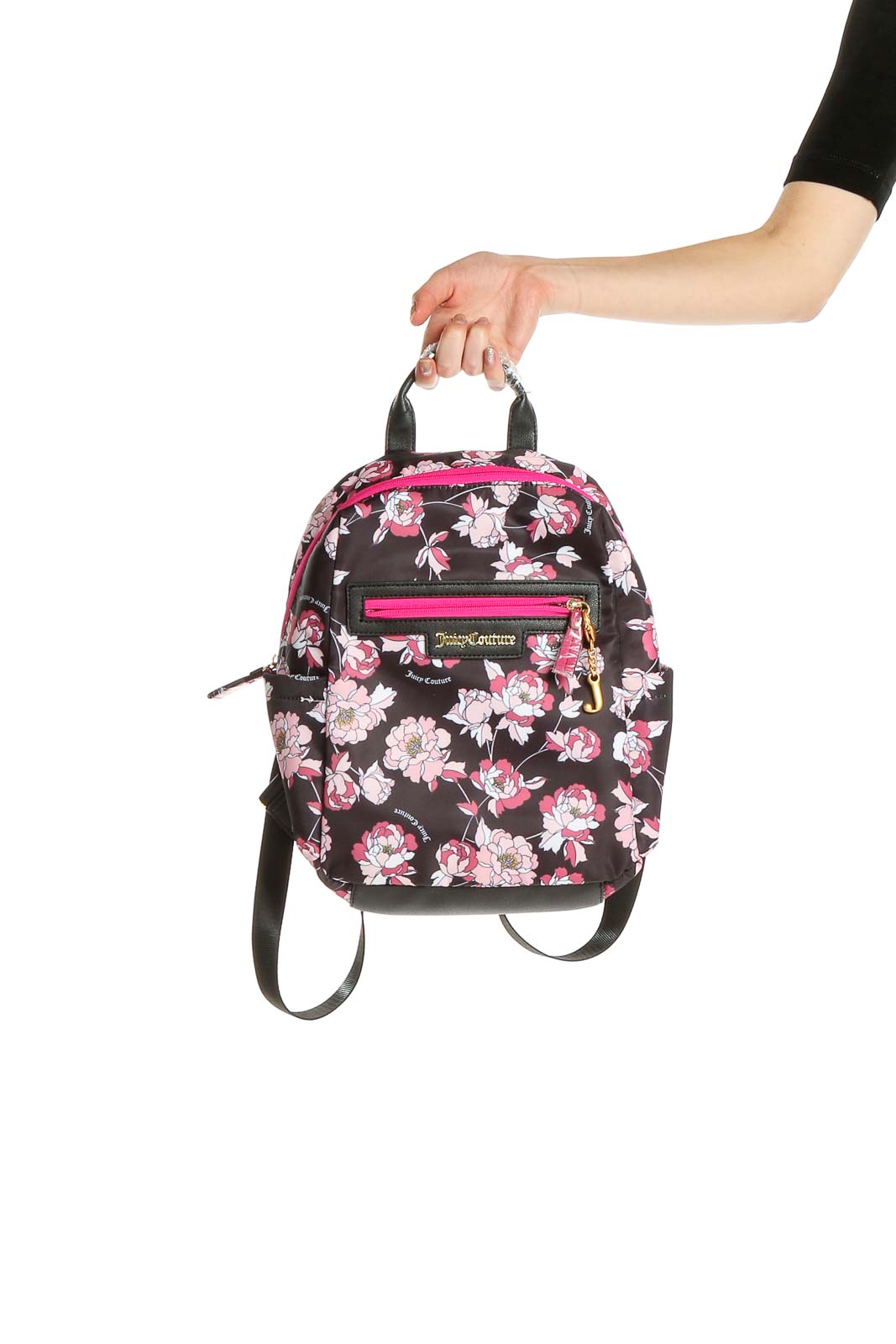 Black Pink Floral Print Backpack Front