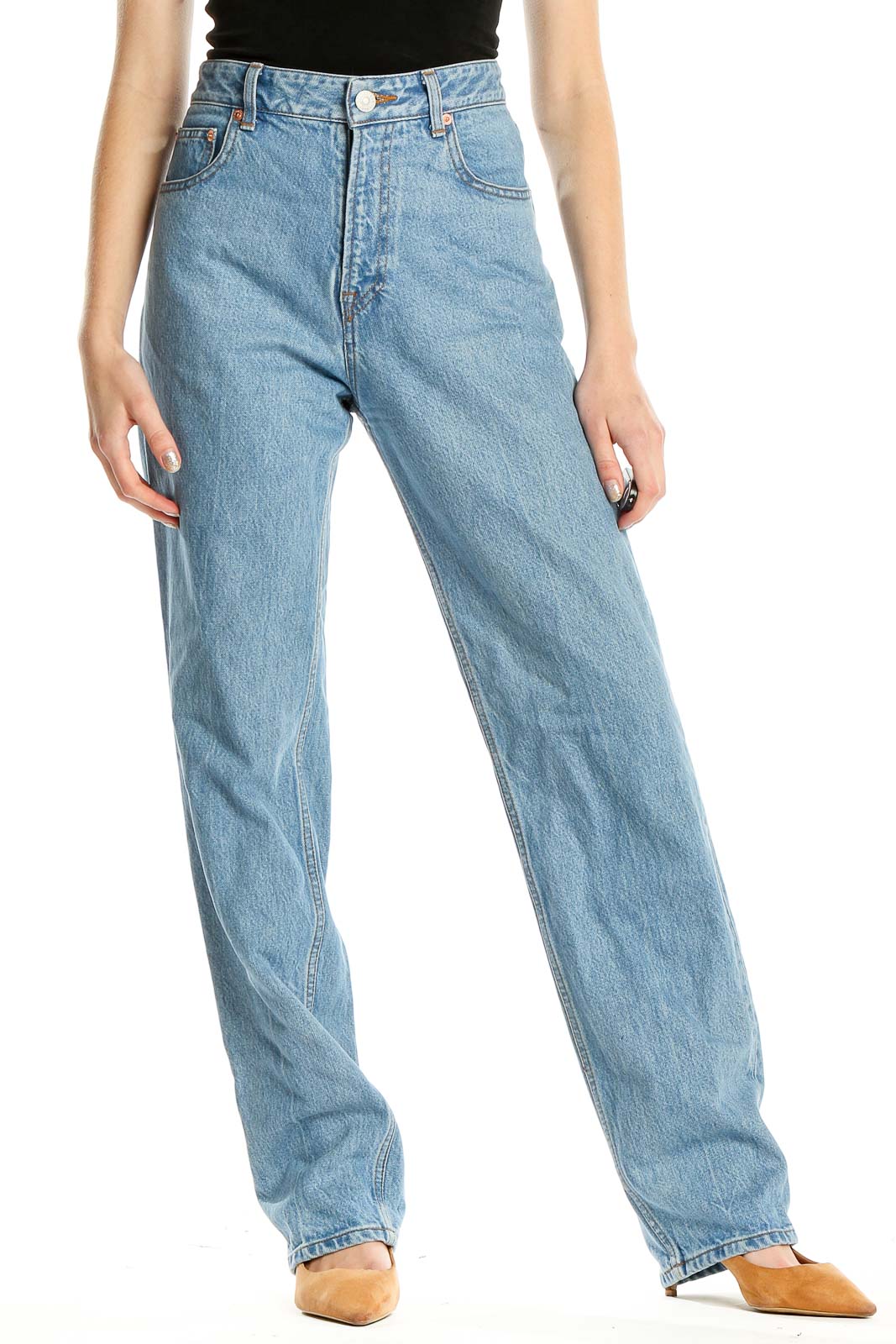 Blue High Waisted Straight Leg Jeans Front