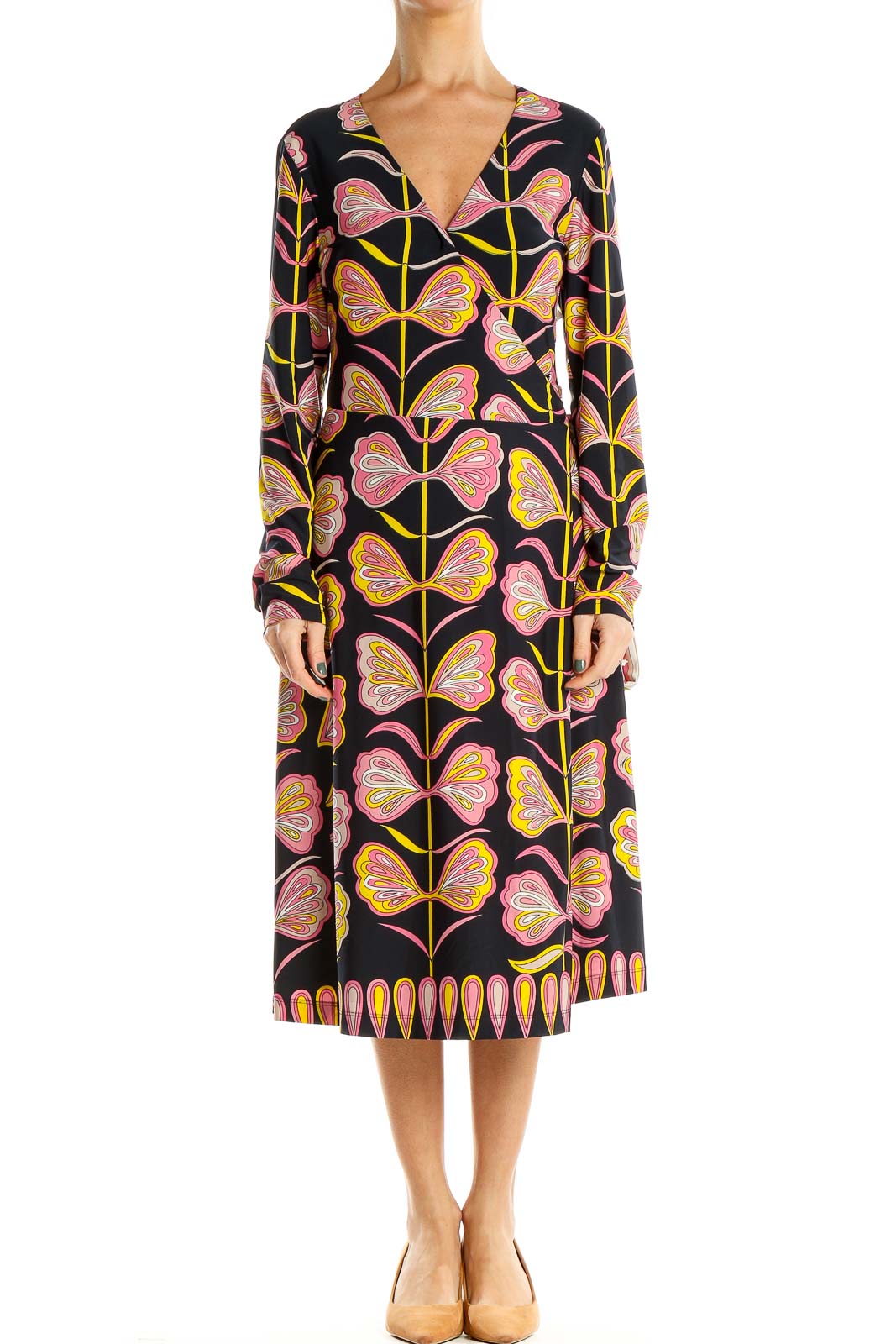 Black Yellow Pink Printed Holiday Wrap Dress Front