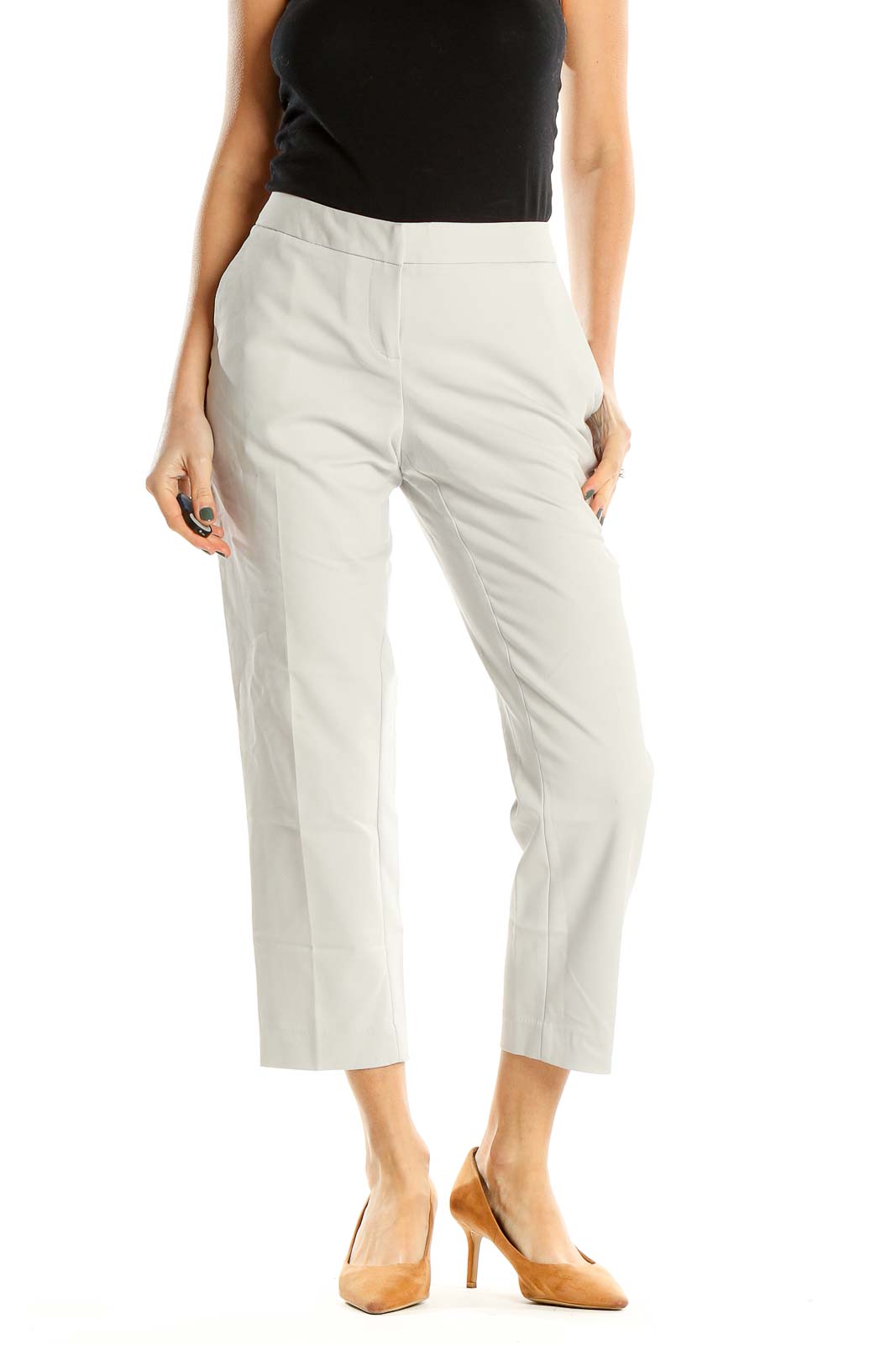 Beige Cropped Classic Trousers Front