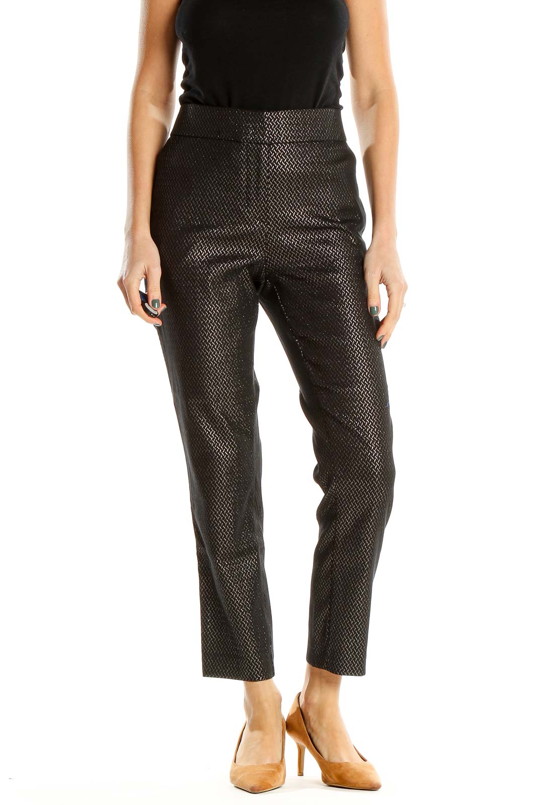 Black Metallic Printed Textured Ankle Length Trousers Front