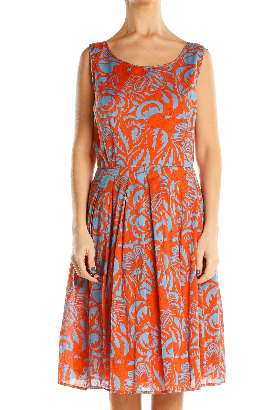 Orange Blue Printed Fit & Flare Dress Front