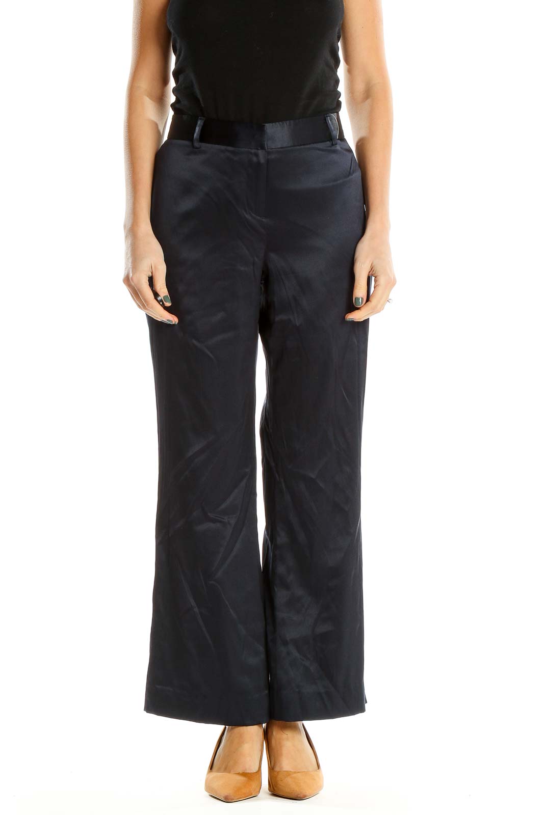 Blue Silk Textured Classic Flare Trousers Front