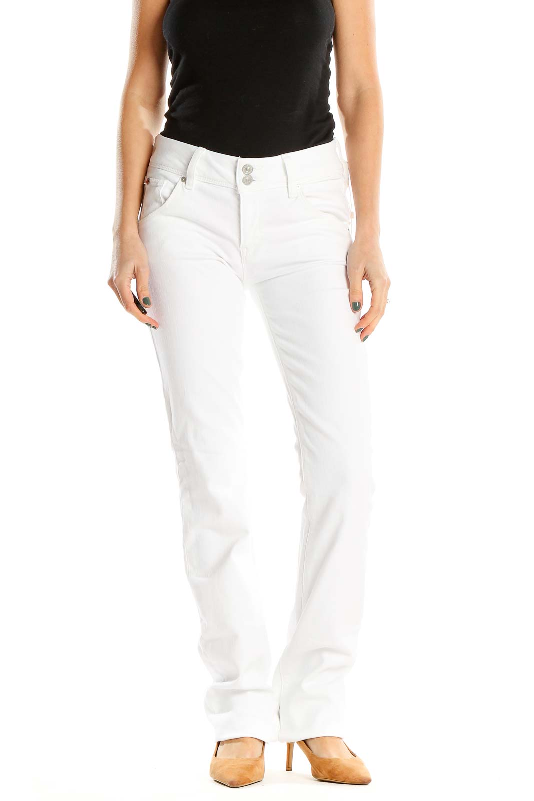 White Low Rise Bootcut Jeans Front