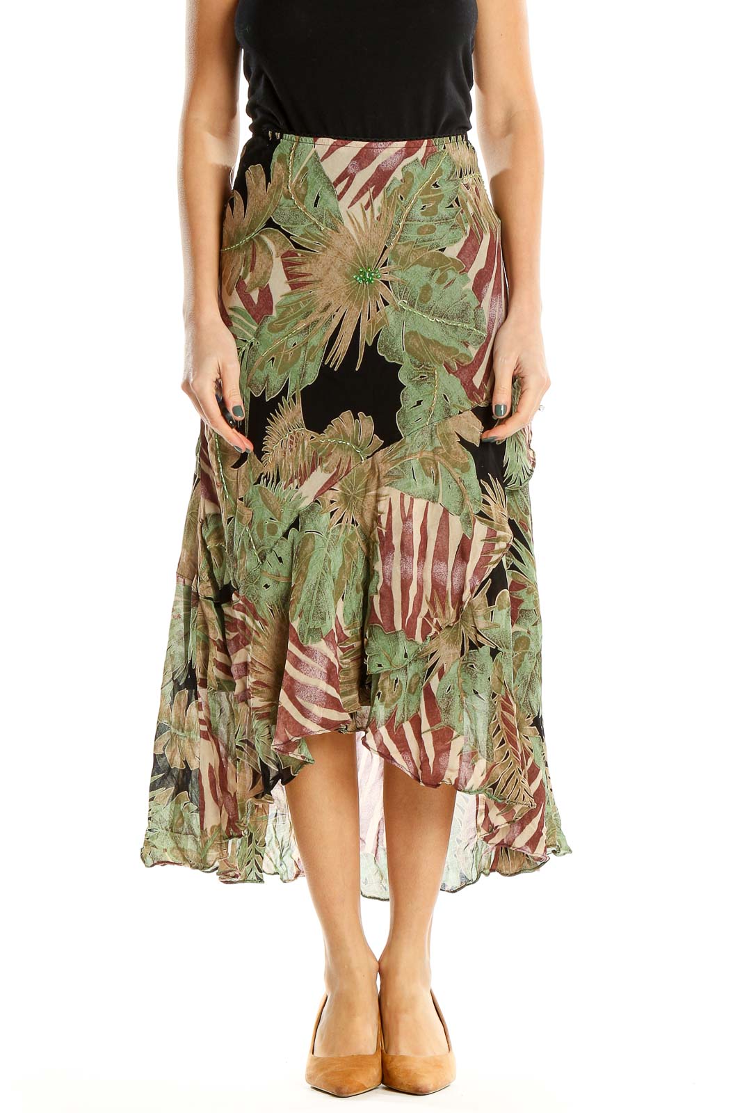 Green Tropical Print Vintage Flared Midi Skirt Front