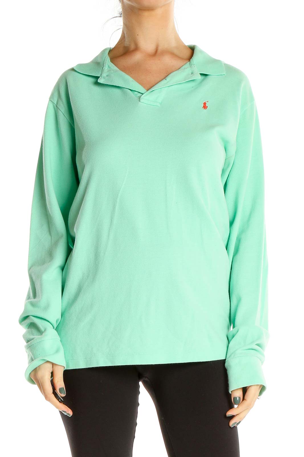 Green Casual Long Sleeve Polo Top Front
