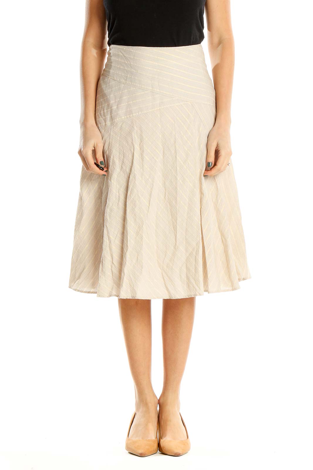 Beige Striped Retro Pleated Skirt Front