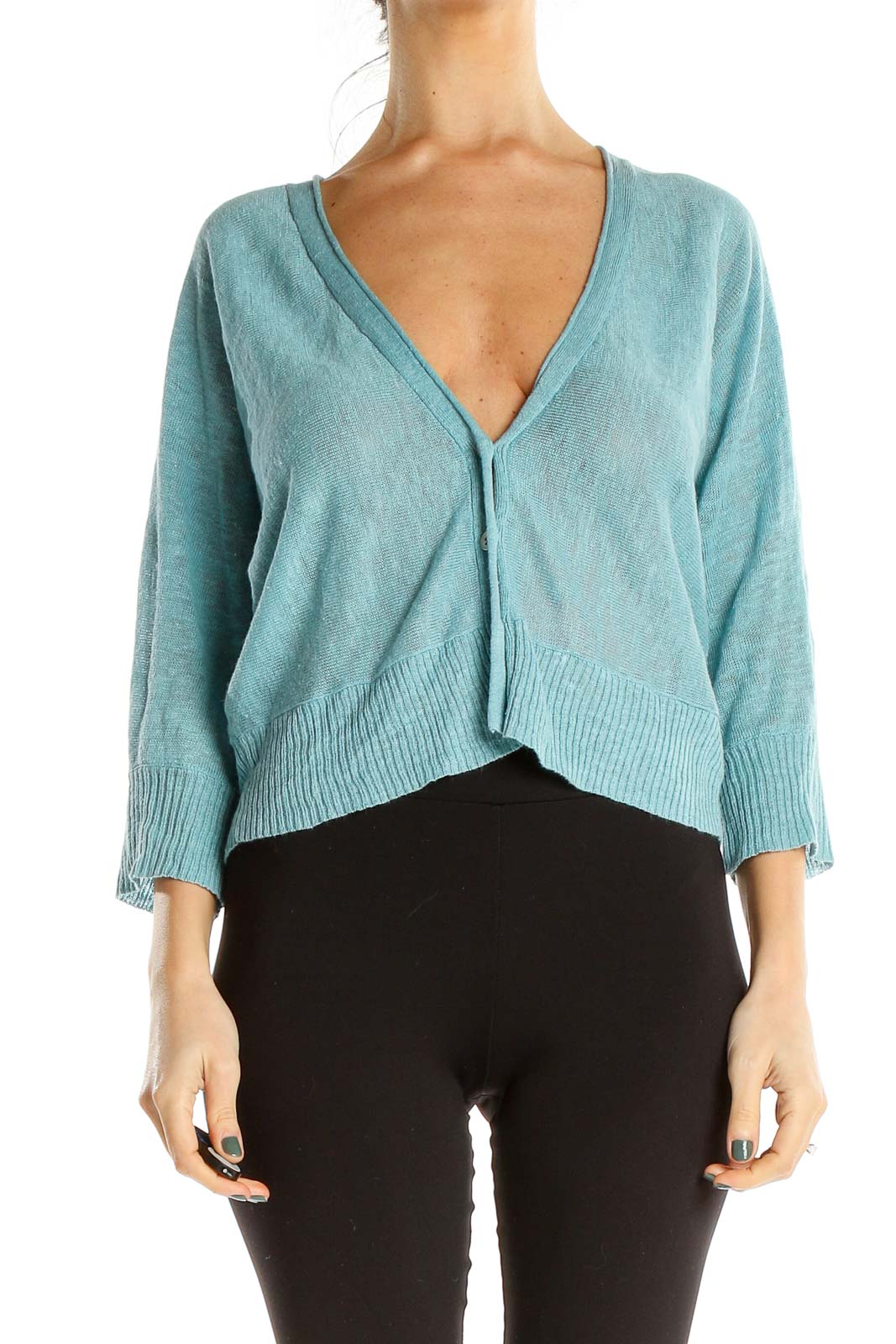 Blue Cropped Linen Cardigan Front