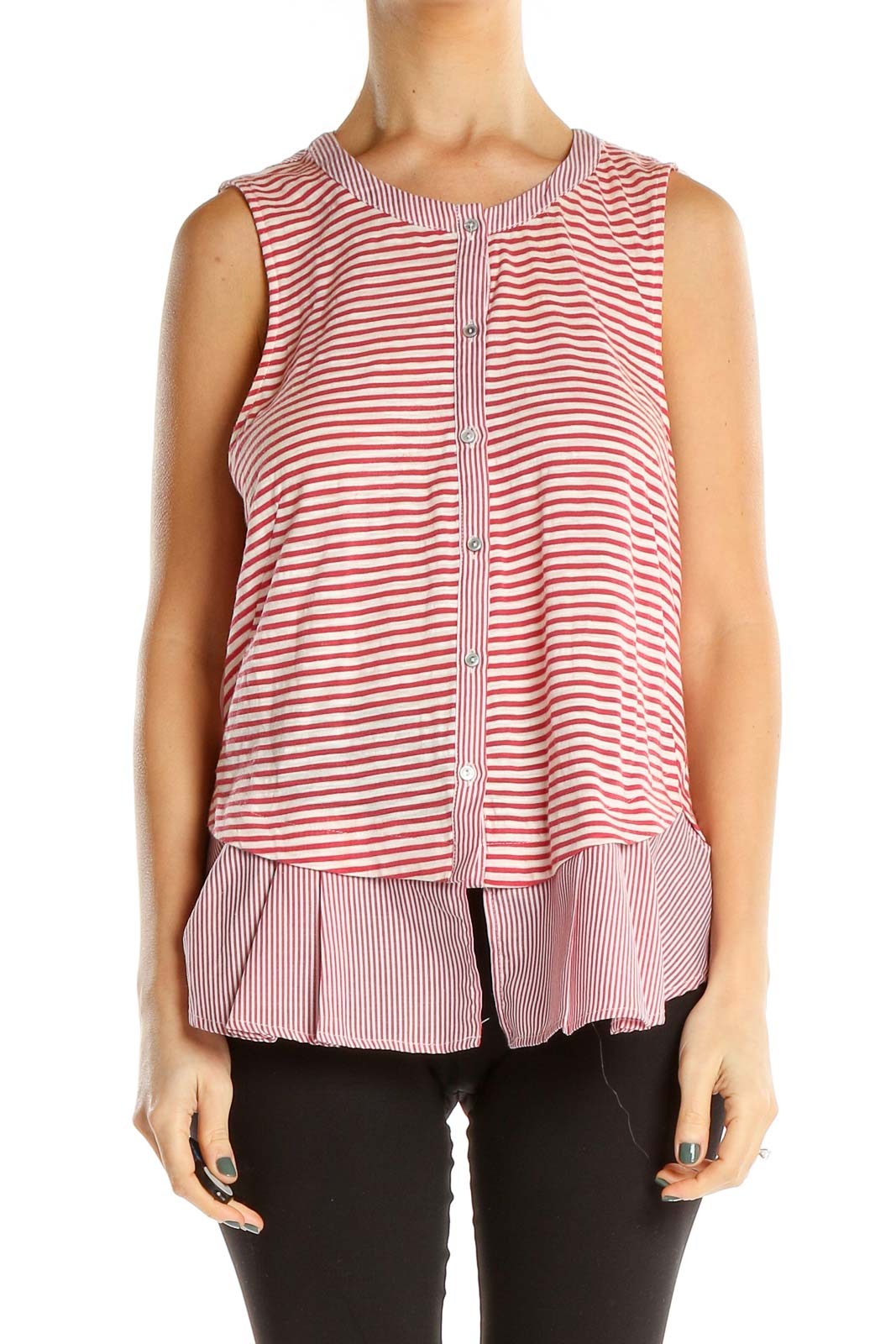 Red Striped Sleeveless Blouse Front