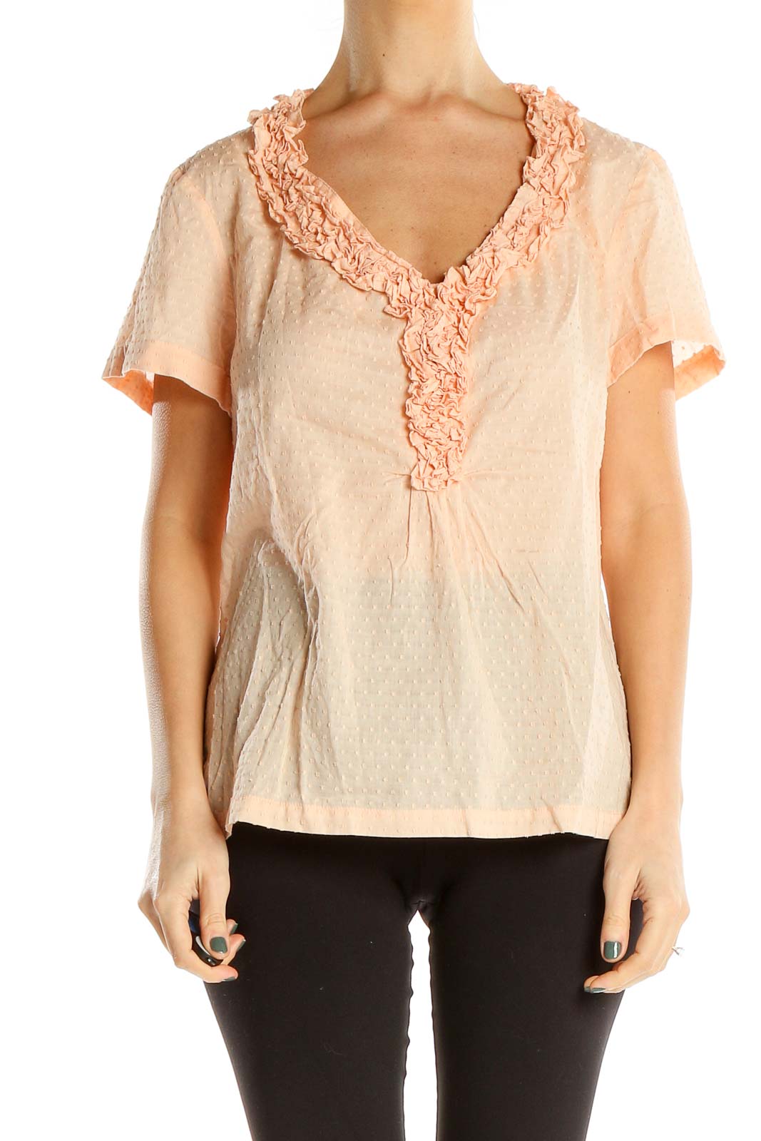 Pink Textured Retro Blouse With Ruffle Neckline Front