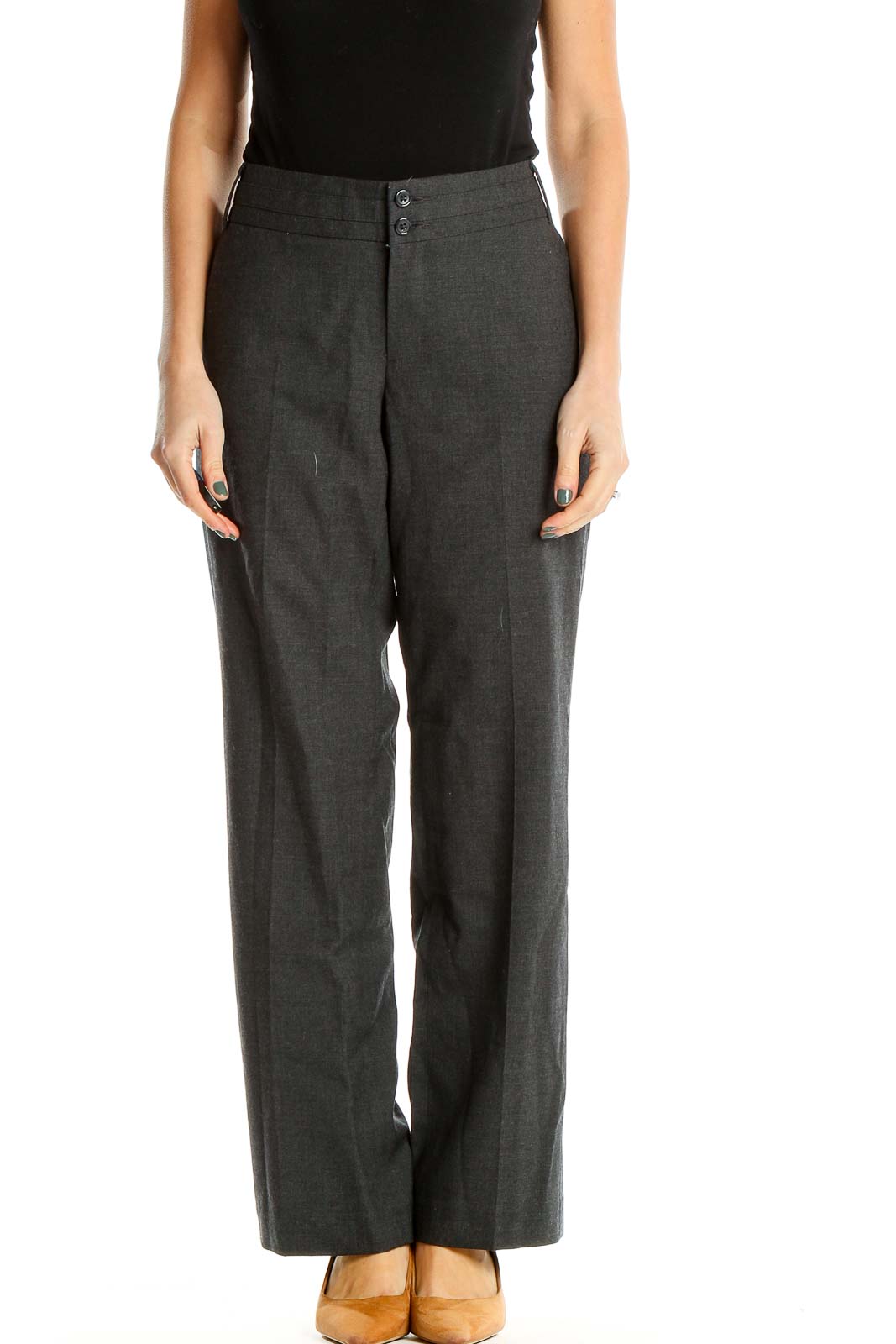 Gray Solid Classic Trousers Front