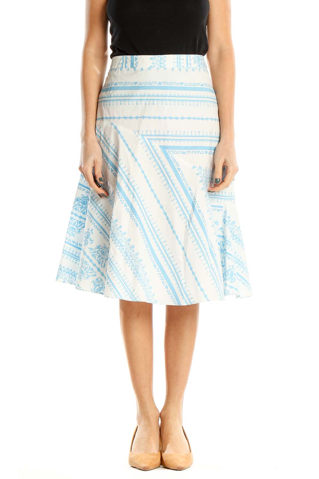 White Blue Striped Brunch A-Line Skirt Front