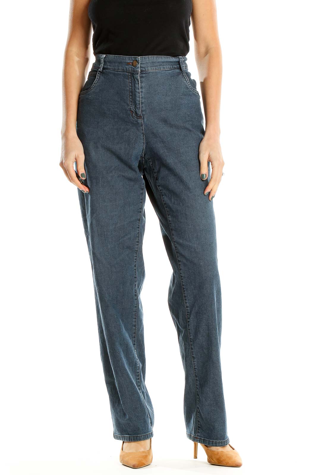 Blue High Rise Straight Leg Jeans Front