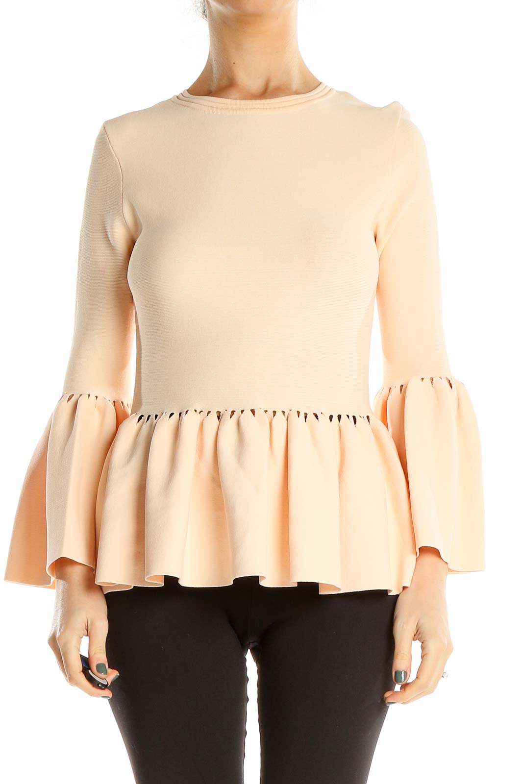 Pink Structured Fitted Blouse With Ruffle Trim Front