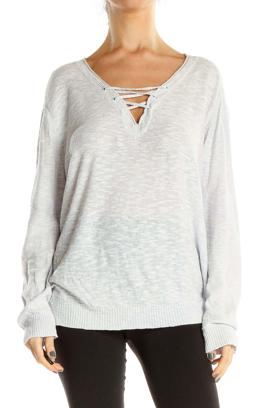 Gray Lace Up Light Sweater Front