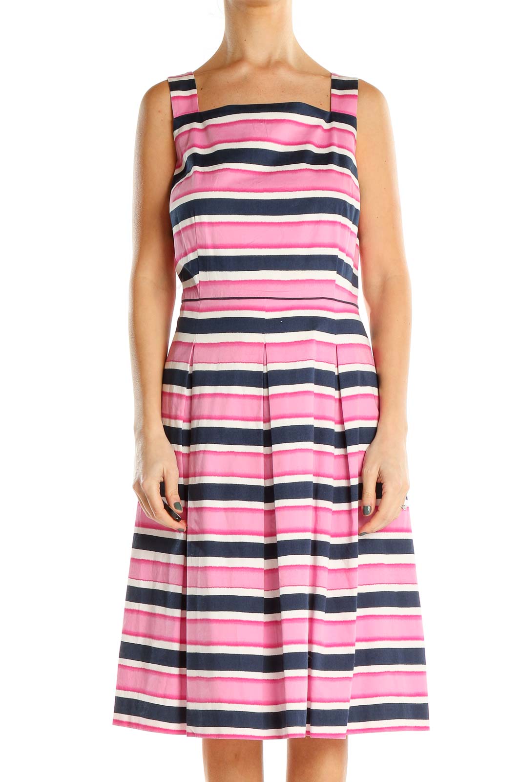 Pink Blue White Striped Classic Fit & Flare Dress Front
