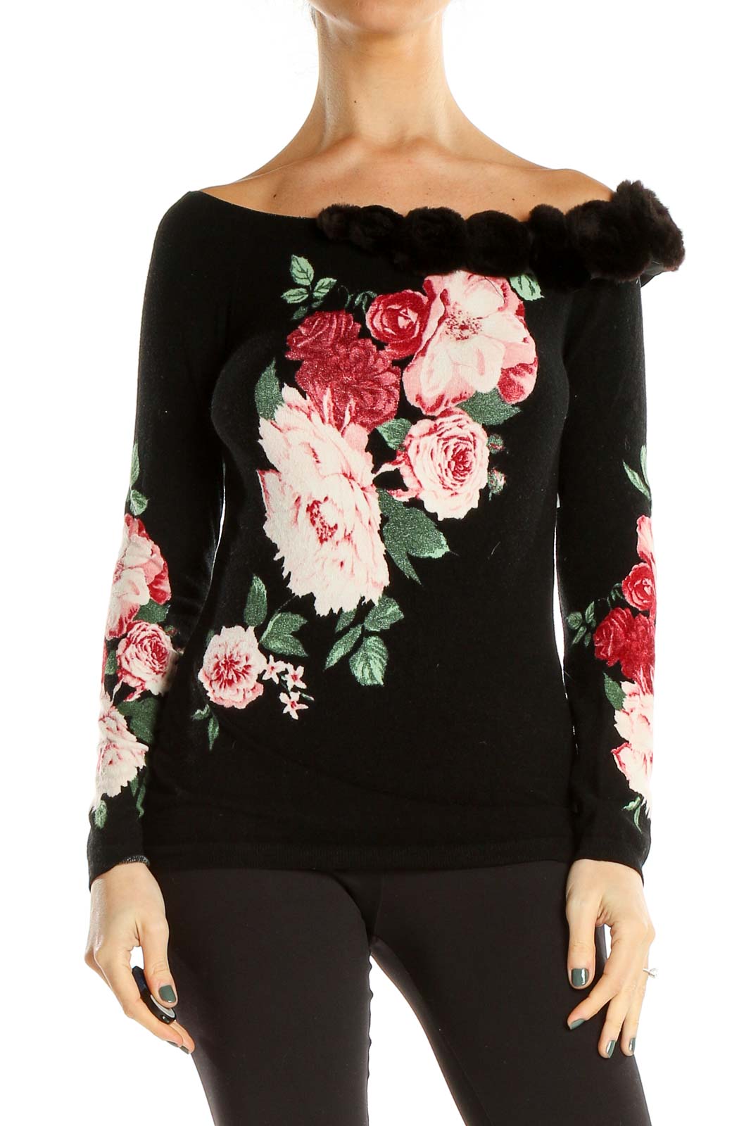 Black Floral Print Retro Funky Top Front