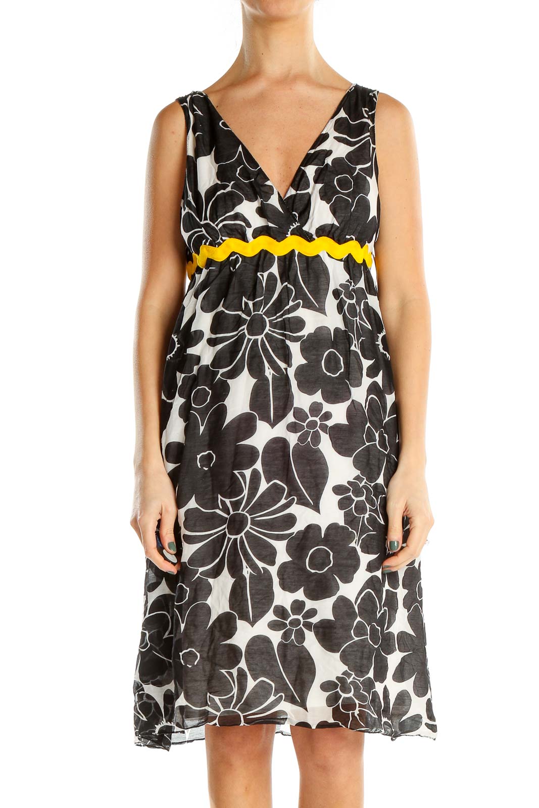 Black White Floral Print Retro A-Line Dress With Yellow Stitch Waist Front