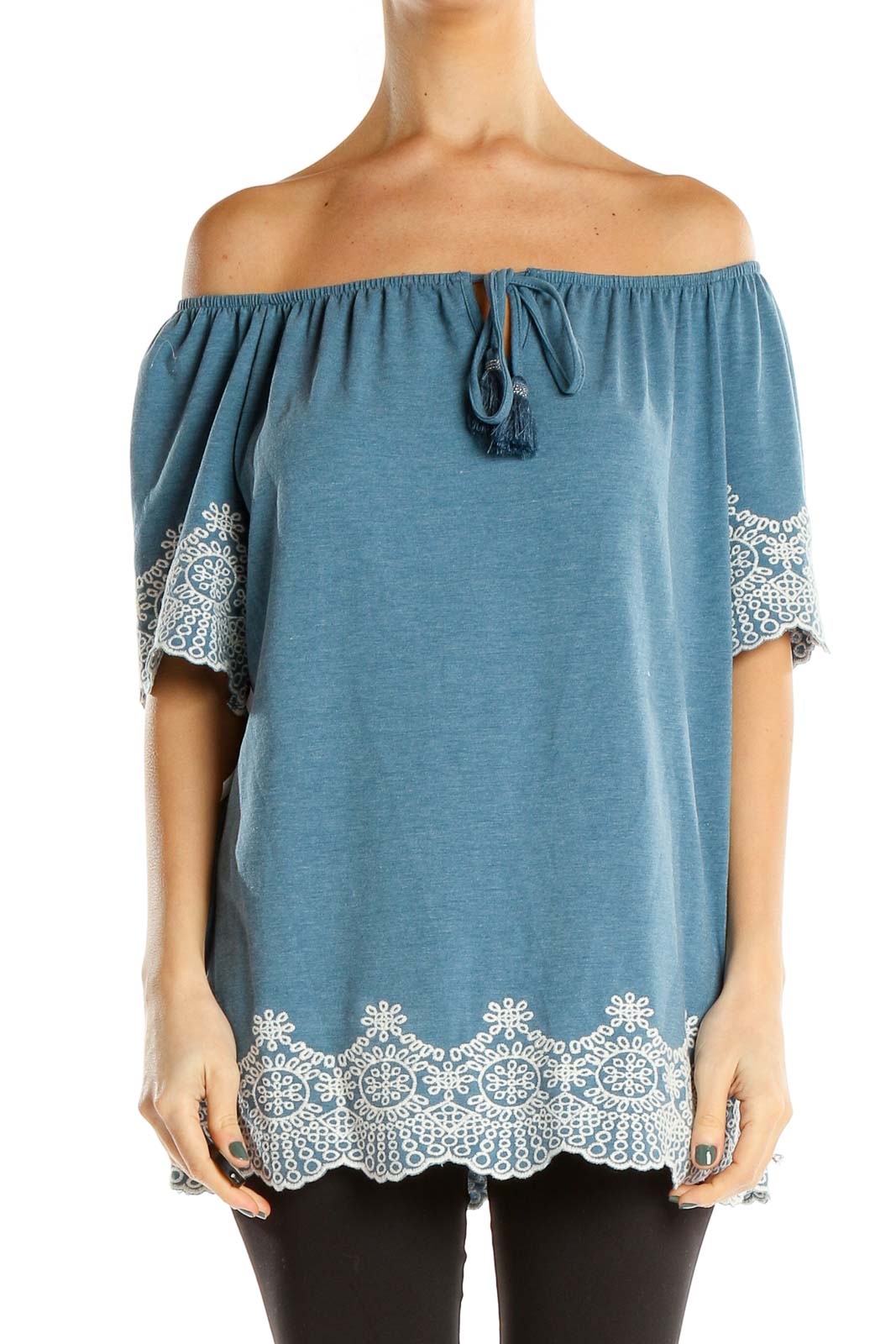 Blue Off The Shoulder Holiday Top With Embroidered Trim Front