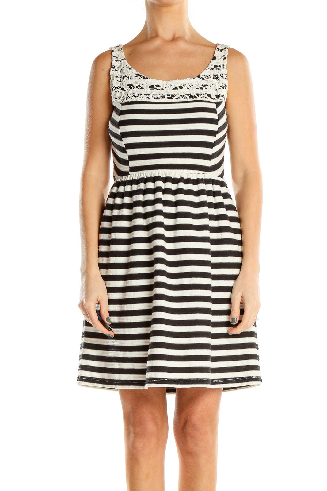 Black White Striped Fit & Flare Dress With Lace Neckline Front
