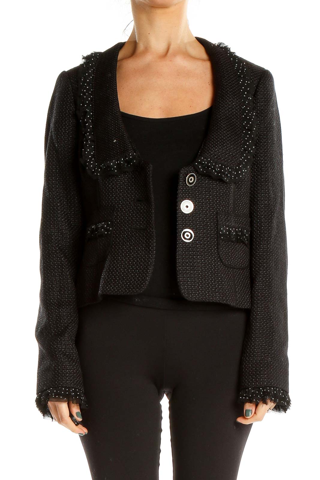 Black Tweed Cropped Blazer With Polka Dot Ruffle Trim Front