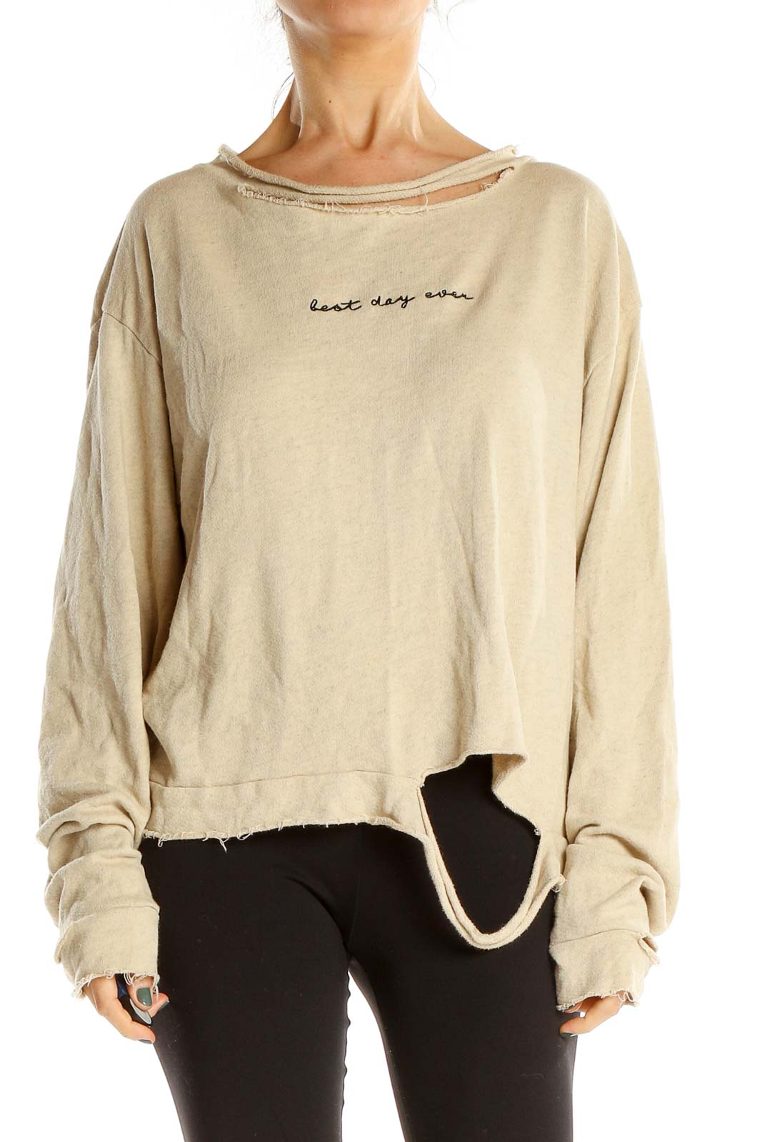 Beige Graphic Print Distressed Top Front