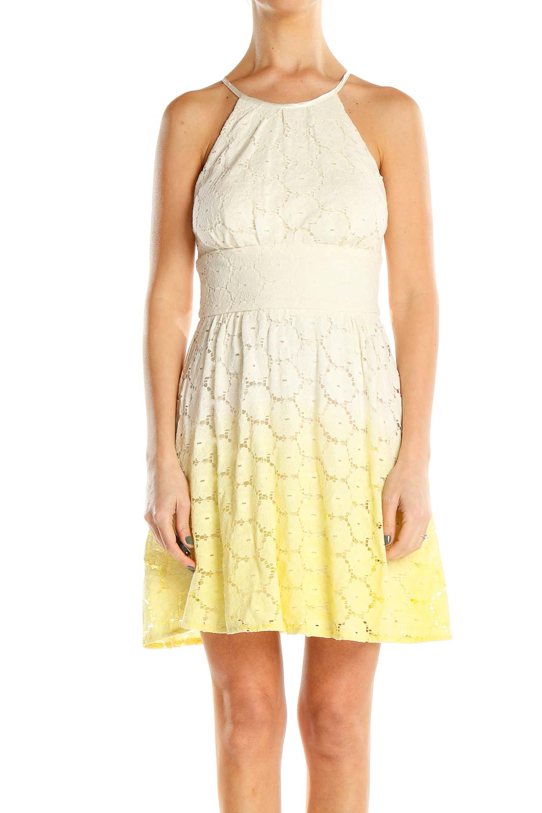 White Yellow Lace Ombre Fit & Flare Dress Front