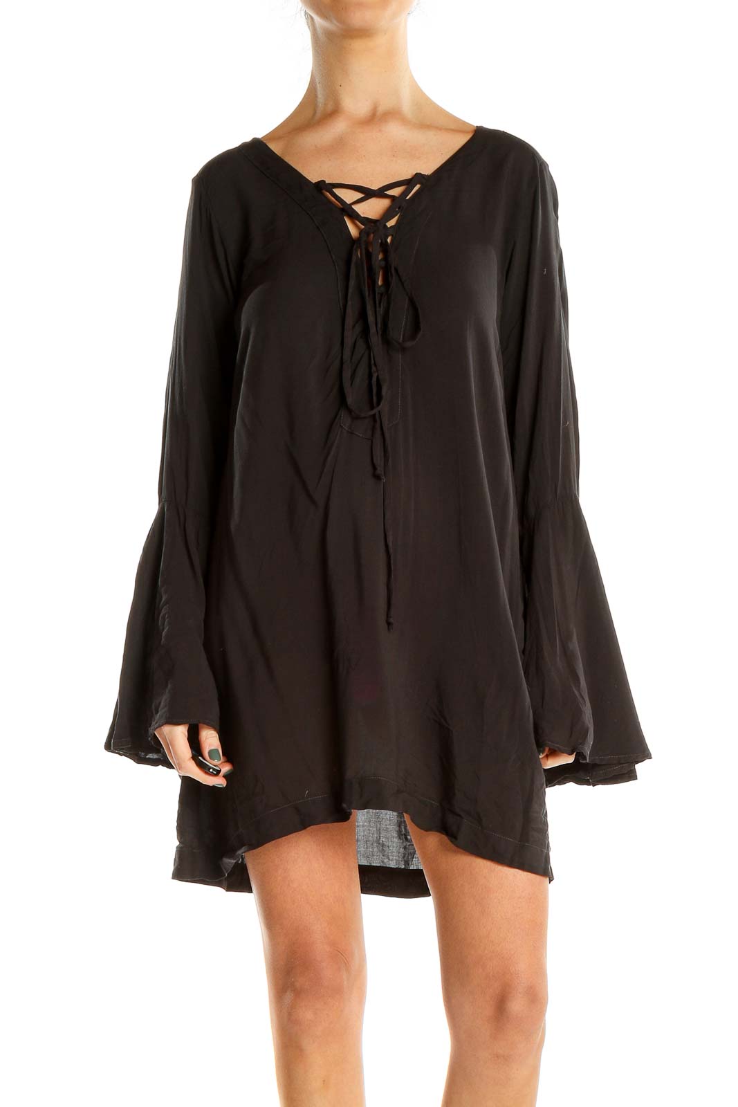 Black Lace Up Neckline Mini Dress Front