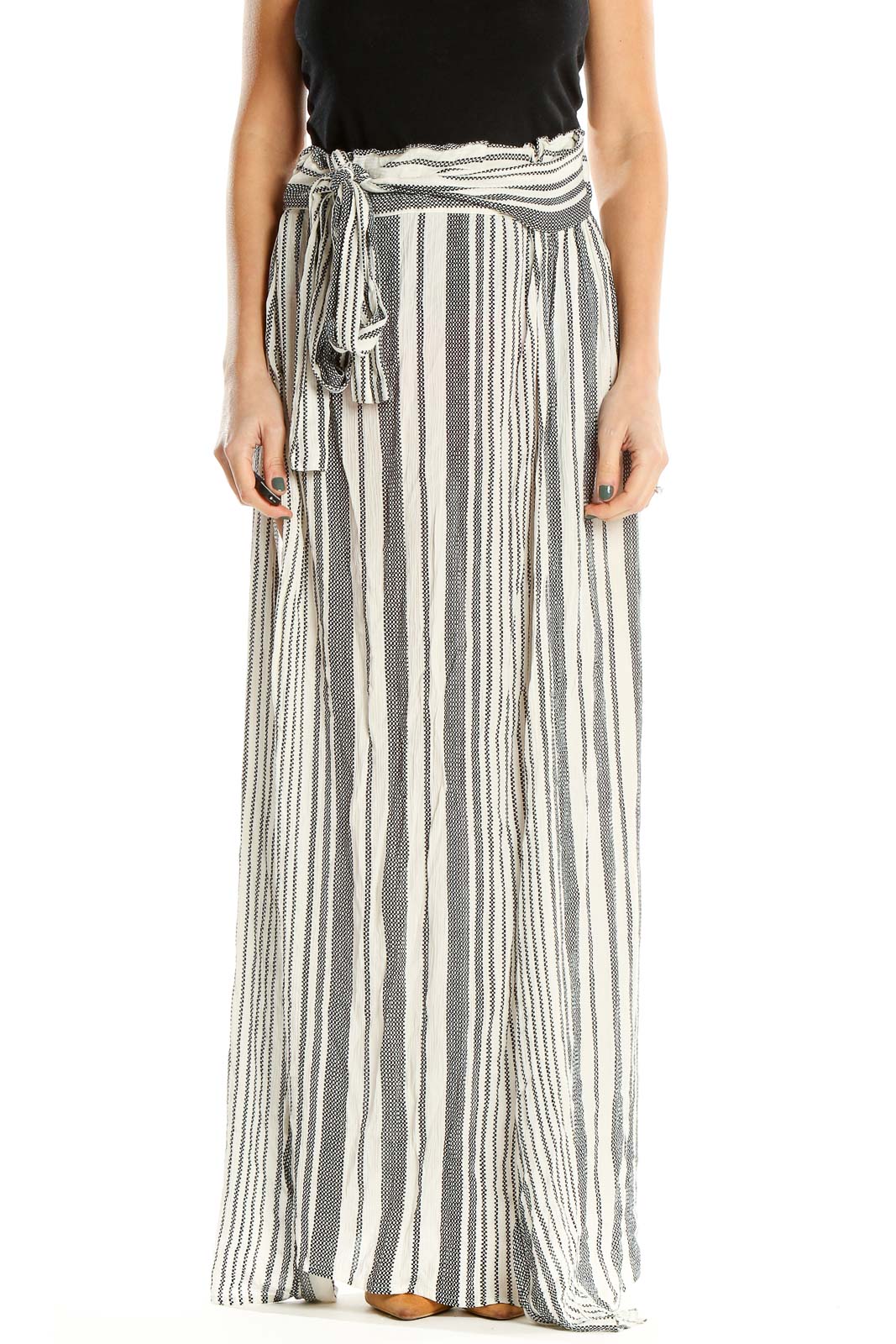 Gray Striped Waist Tie Bohemian Maxi Skirt Front
