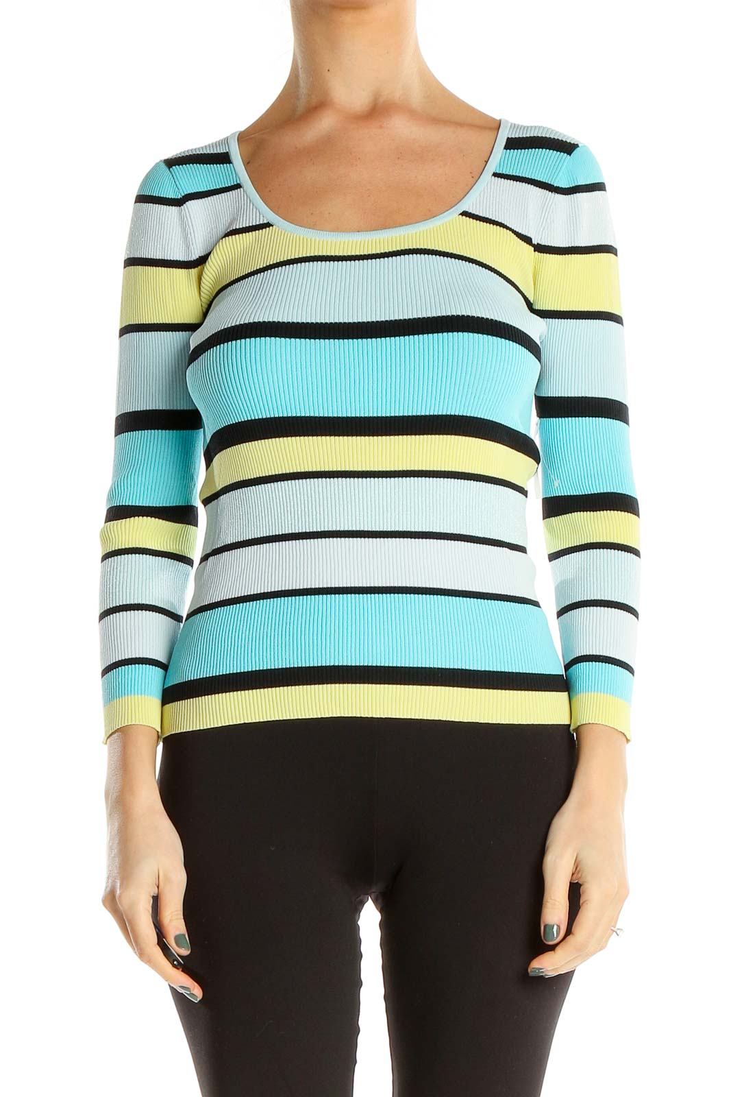 Blue Yellow Striped Ribbed Casual Long Sleeve T-Shirt Front
