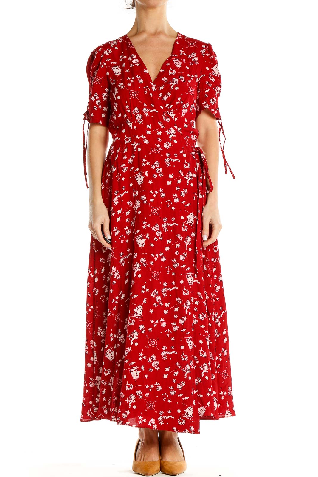 Red Printed Wrap Dress Front