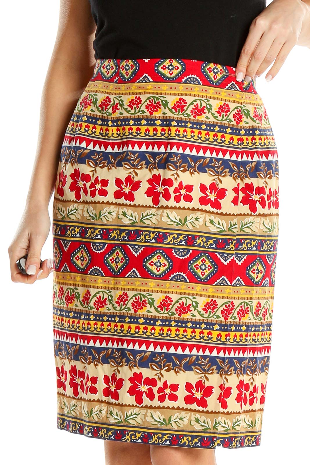 Red Printed Bohemian Vintage Straight Skirt Front