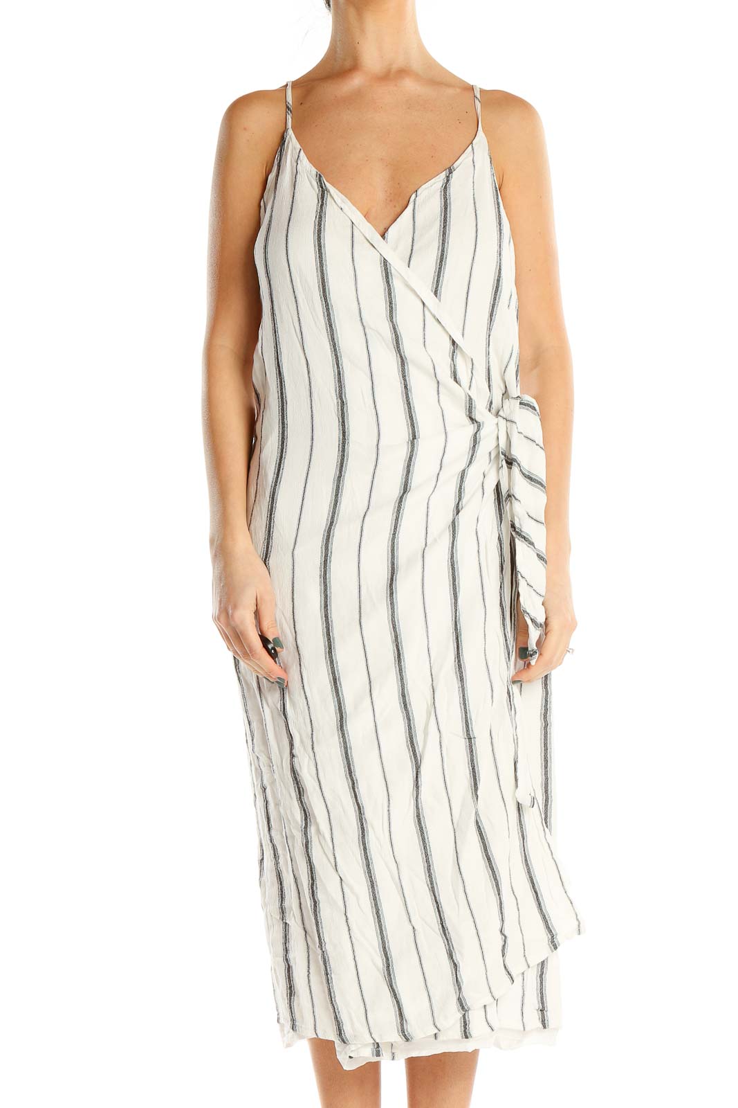 White Gray Striped Wrap Dress Front