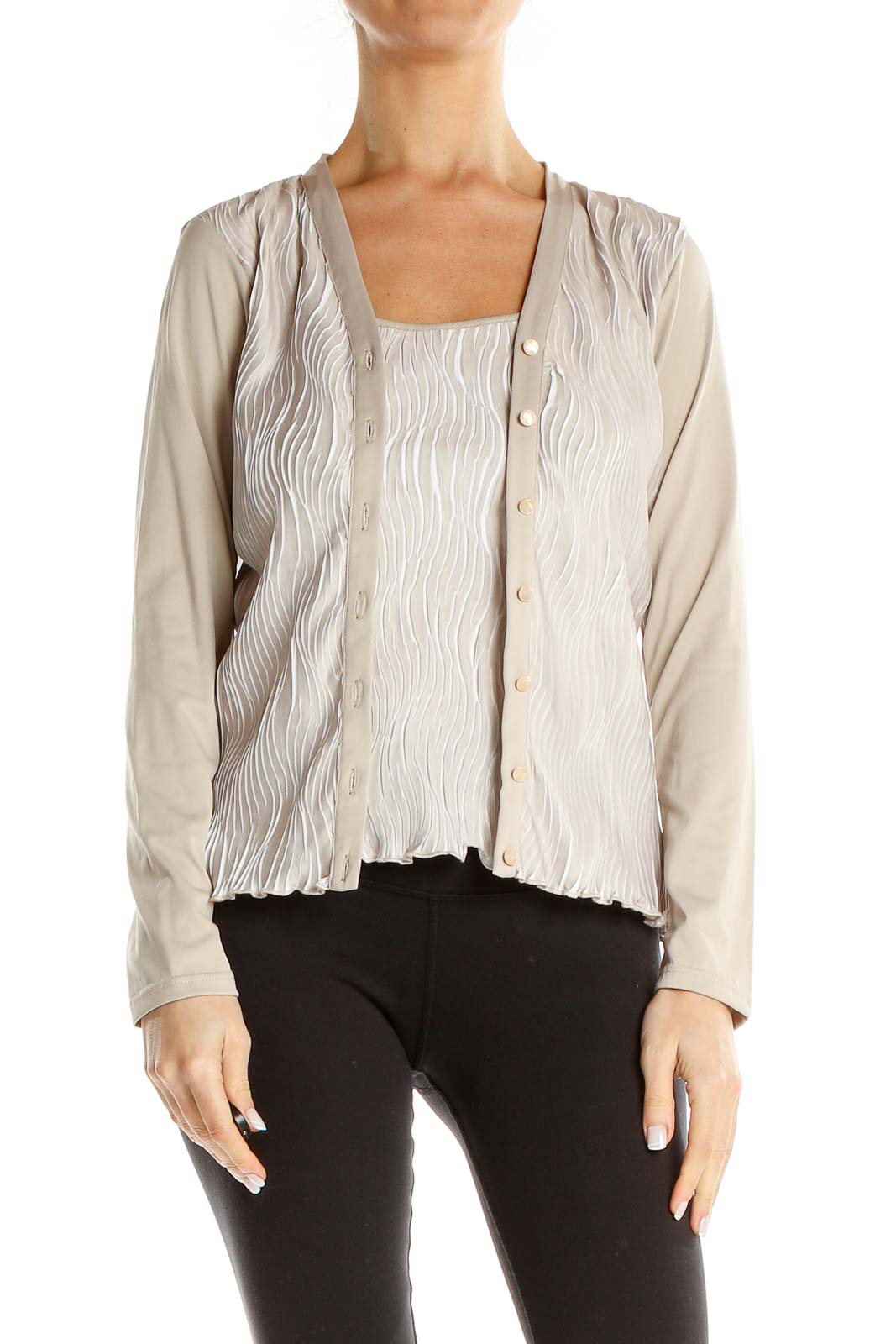 Beige Textured Attached Top and Cardigan Front