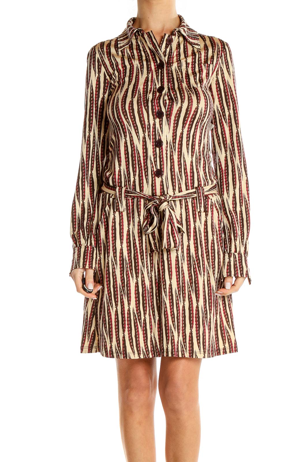 Beige Red Feather Printed Shift Dress Front