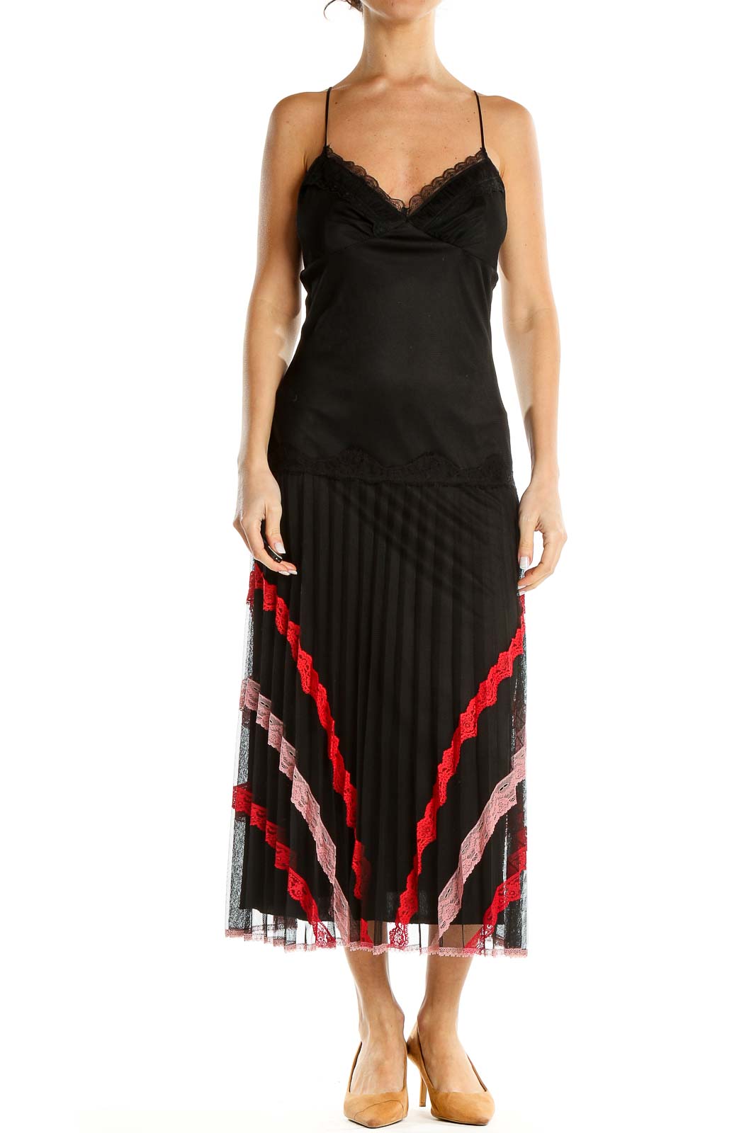 Black Slip Pleated Skirt Lace Trim Cocktail Dress Front