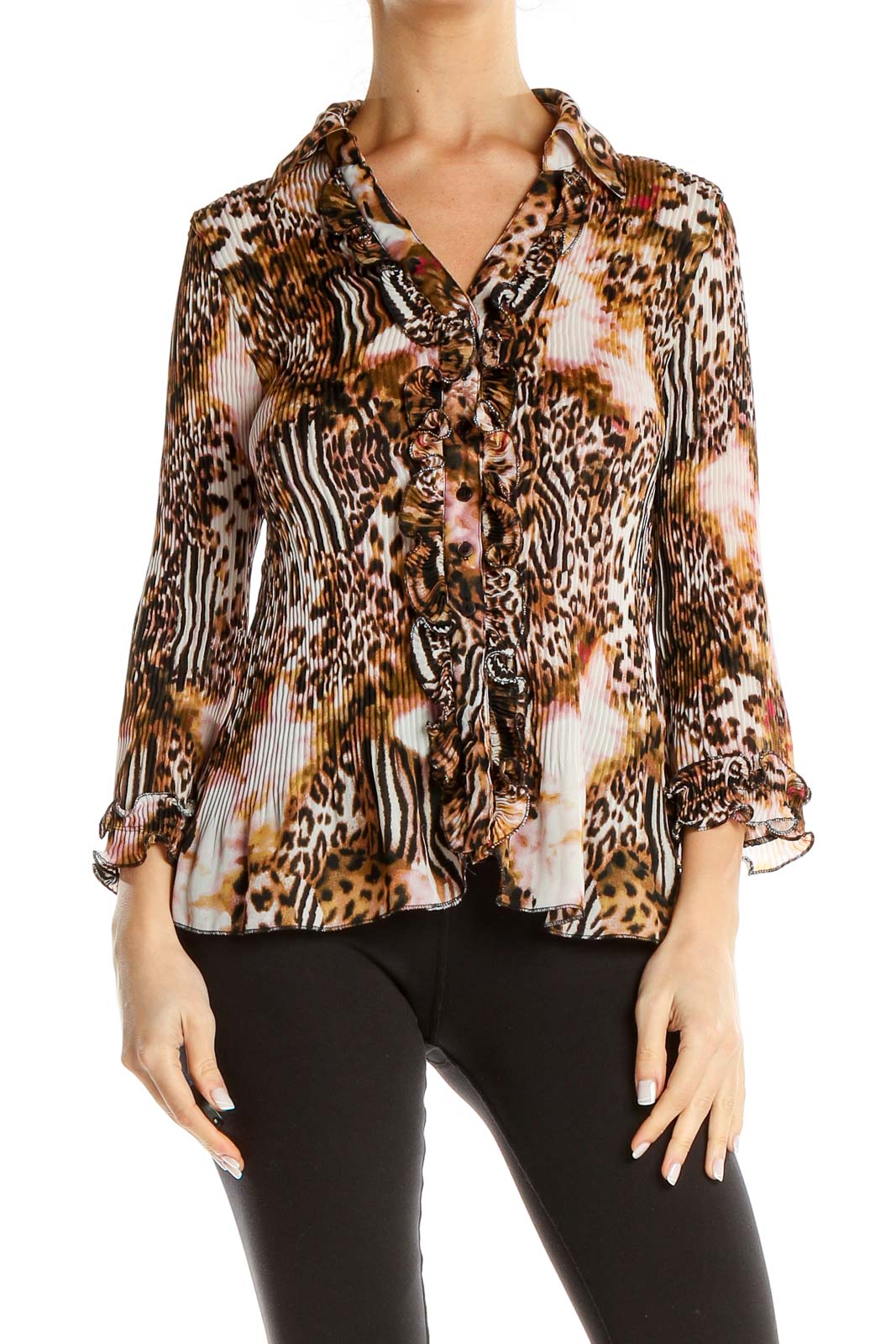 Brown Pink Animal Print Pleated Blouse Front