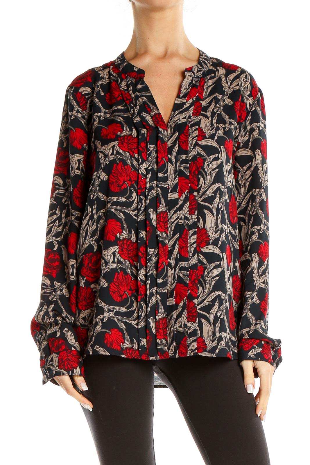 Black and Red Floral Print Classic Blouse Front