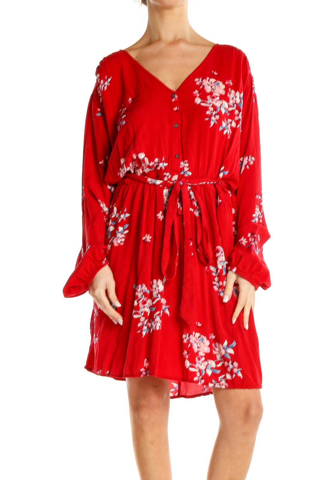 Red Floral Print Fit & Flare Dress Front