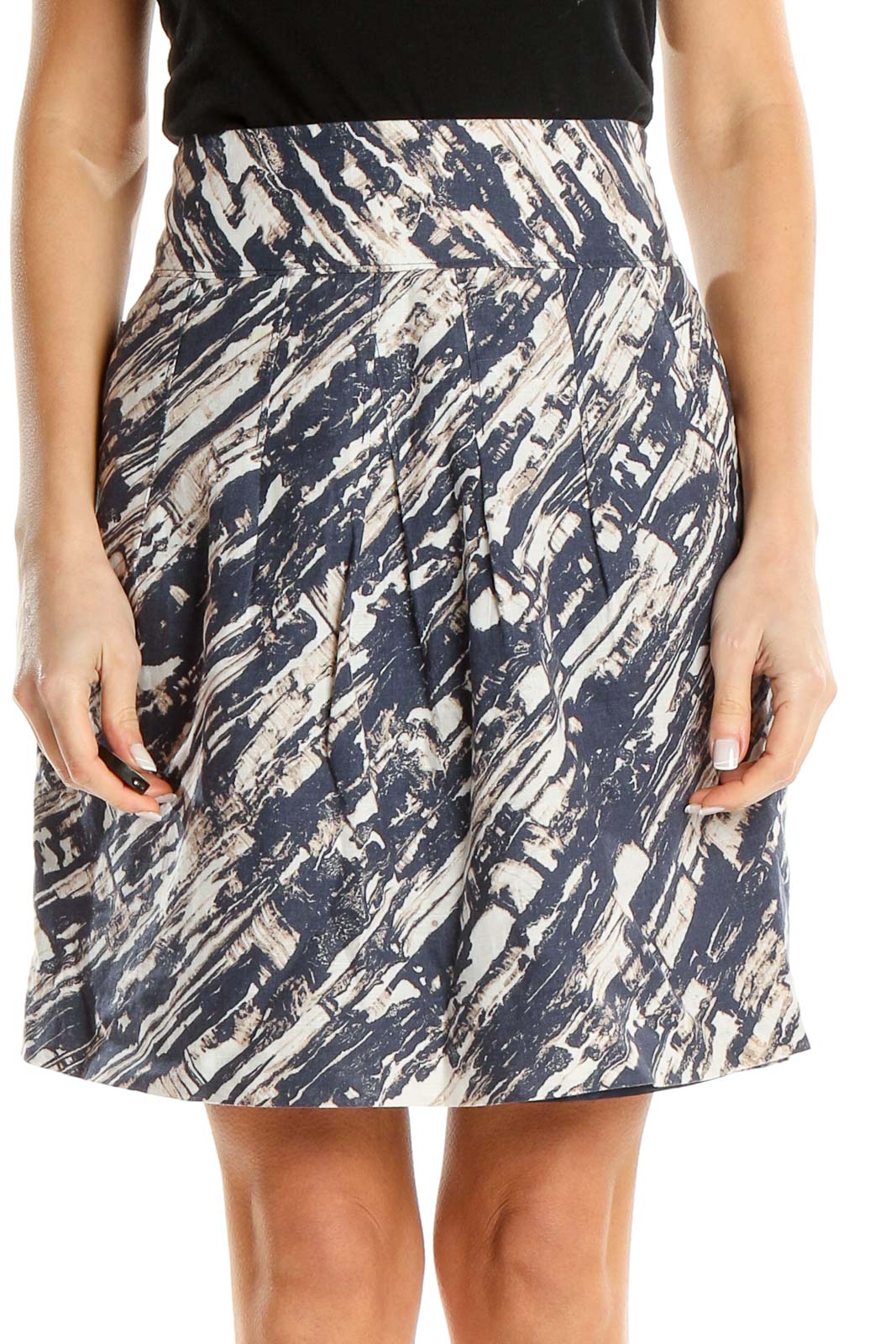 Blue Beige Printed Chic A-Line Skirt Front