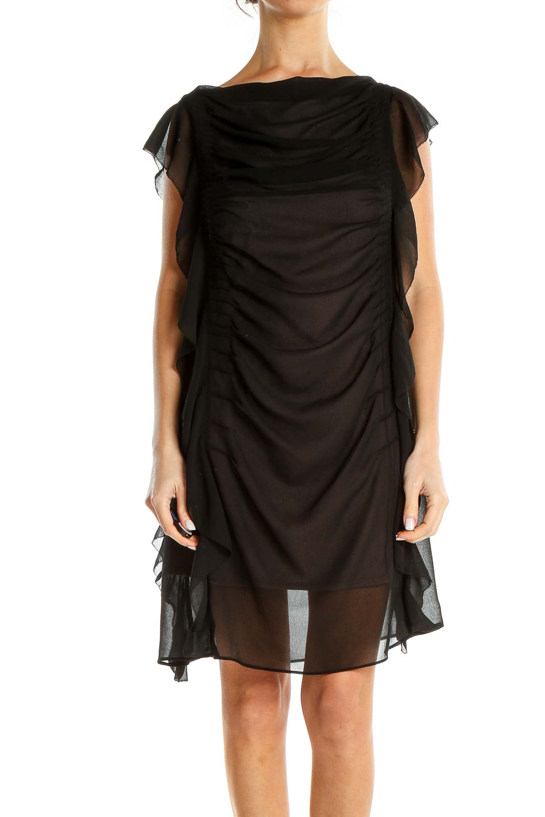 Black Sheer Ruched Cocktail Dress Front