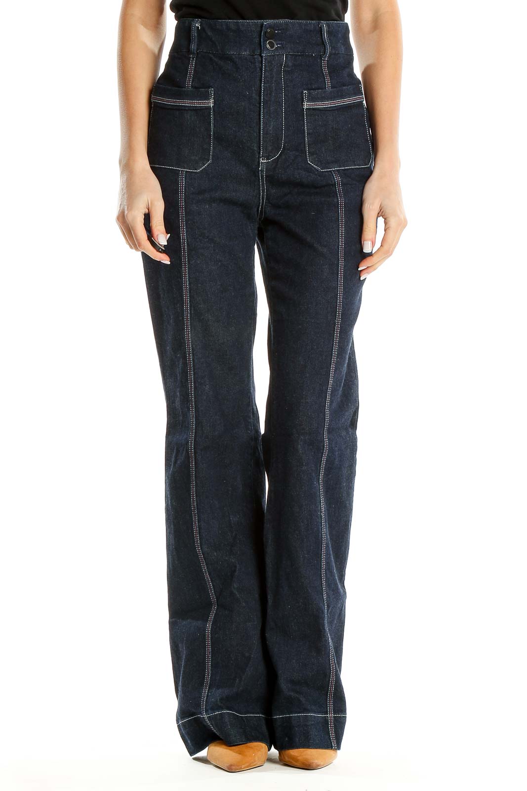 Blue Dark Wash Contrast-Stitch High-Waisted Bootcut Jeans Front