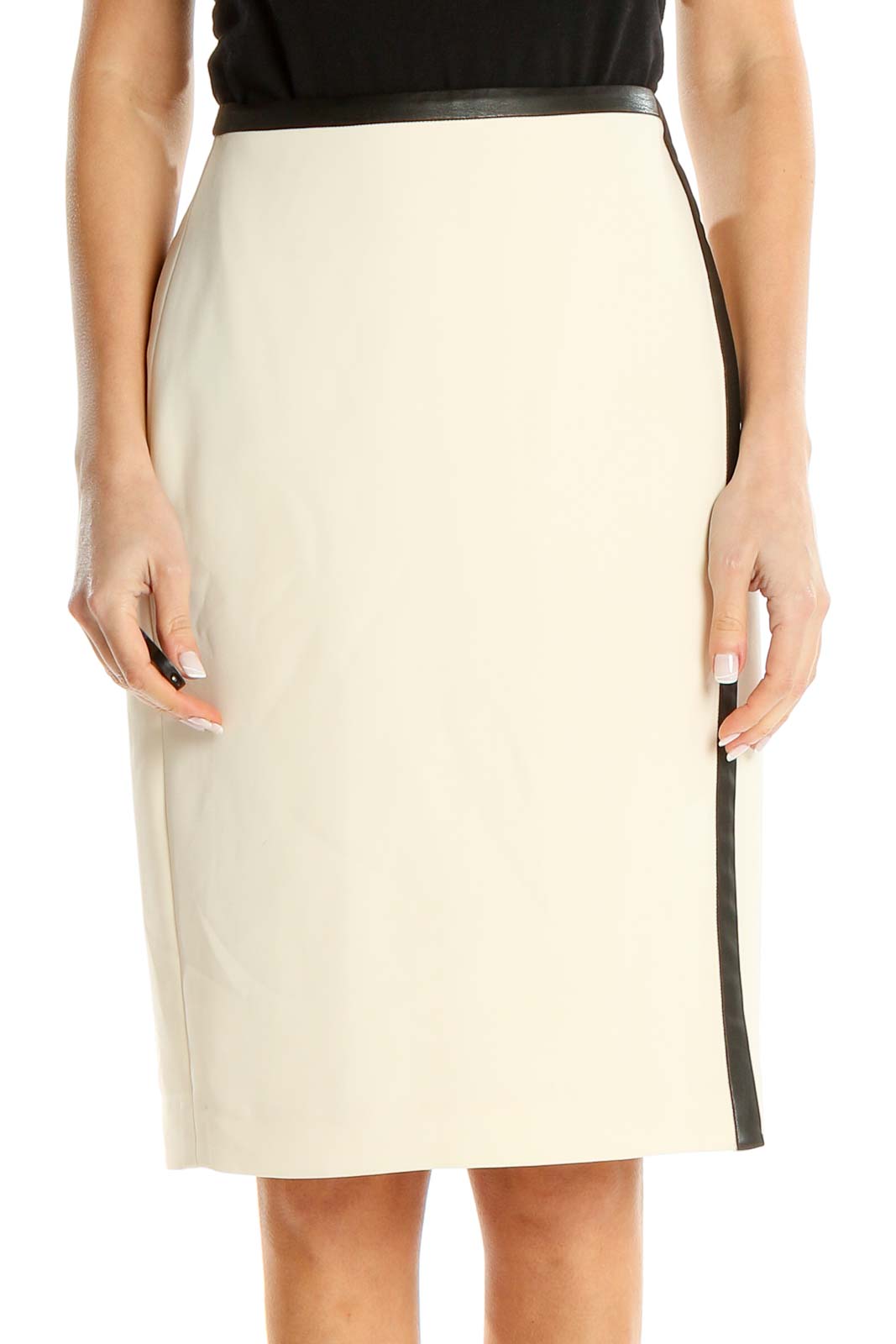 Leather Trim White Classic Pencil Skirt Front