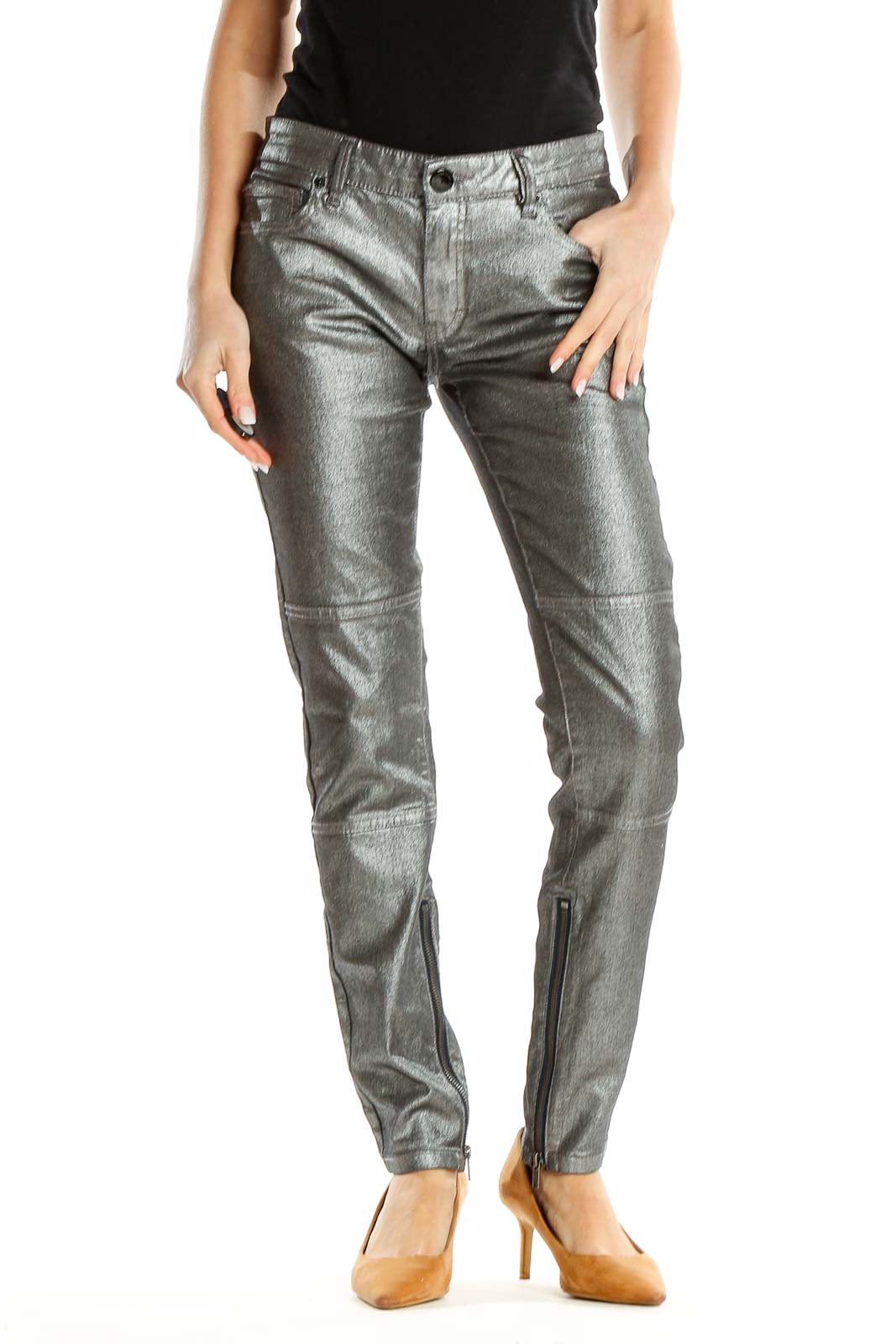 Silver  Metallic Shimmer Jeans Front