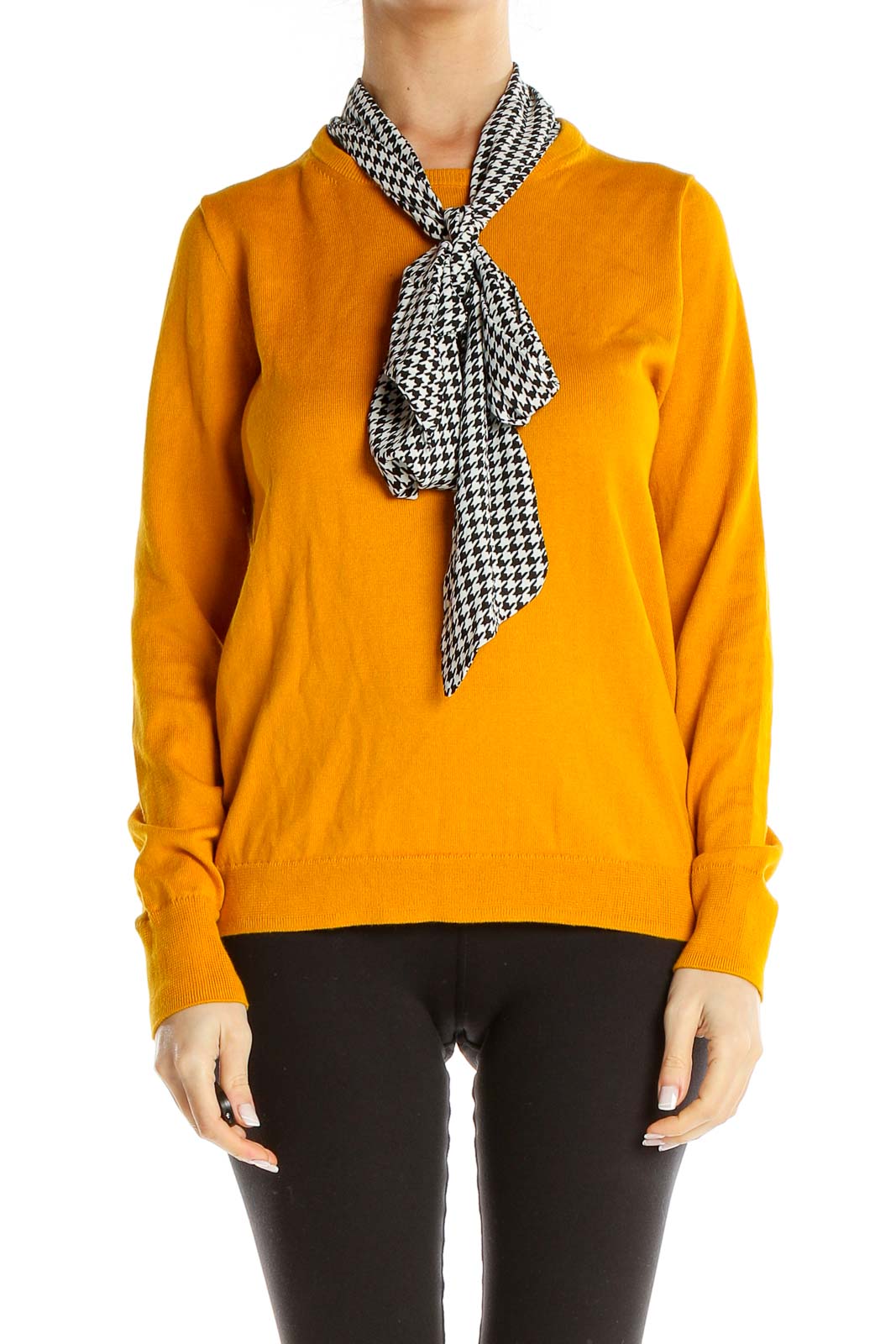 Houndstooth Neck-Tie Orange Sweater Front